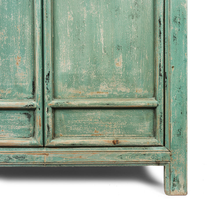 Leg Detail From Tall Green Cabinet Made From Old Painted Pine | Indigo Antiques