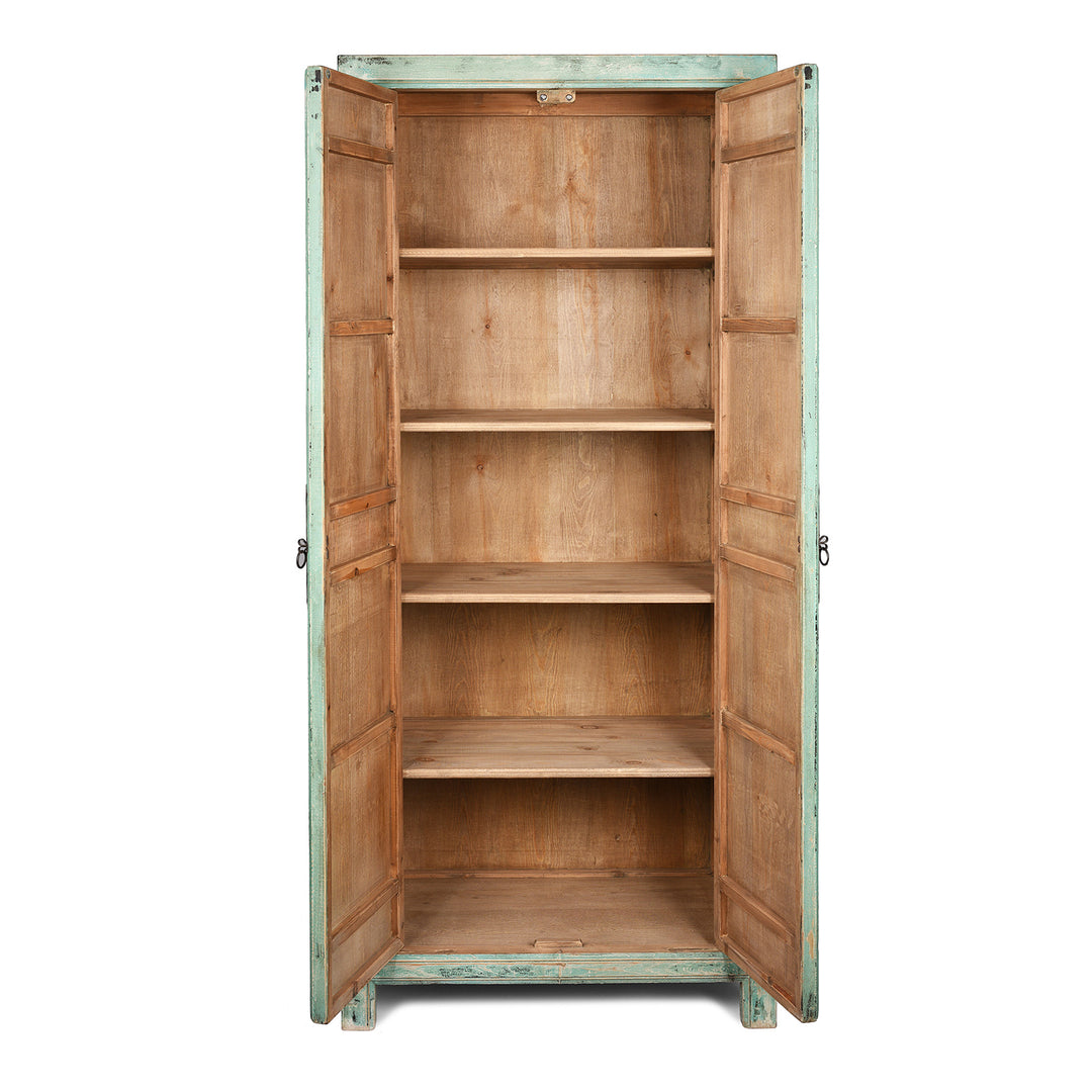 Open Doors View Of Tall Green Cabinet Made From Old Painted Pine | Indigo Antiques