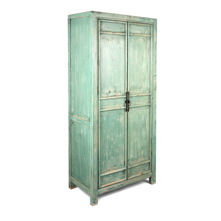 Angled View Of Tall Green Cabinet Made From Old Painted Pine | Indigo Antiques