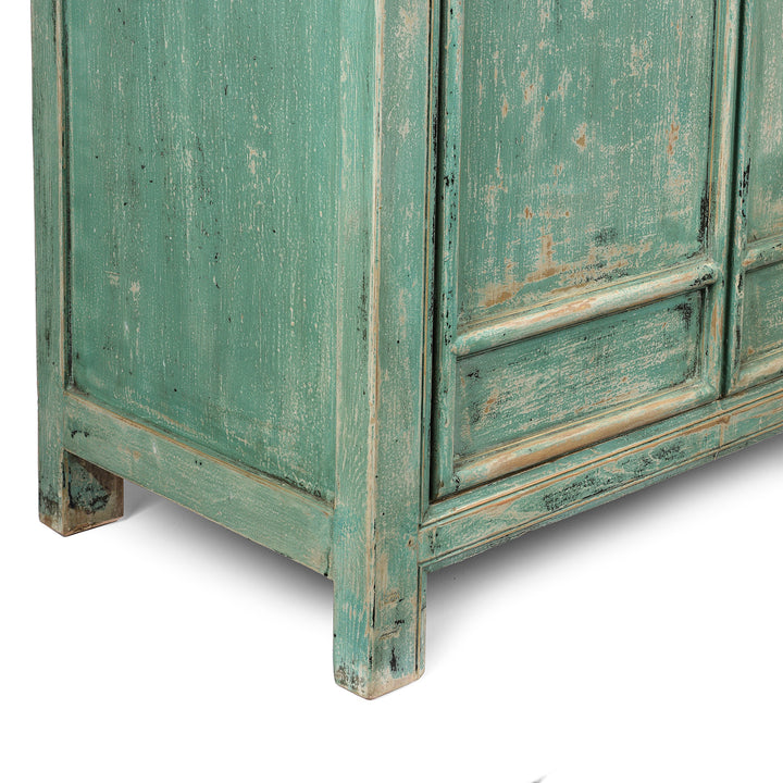 Angled Detail Of Tall Green Cabinet Made From Old Painted Pine | Indigo Antiques