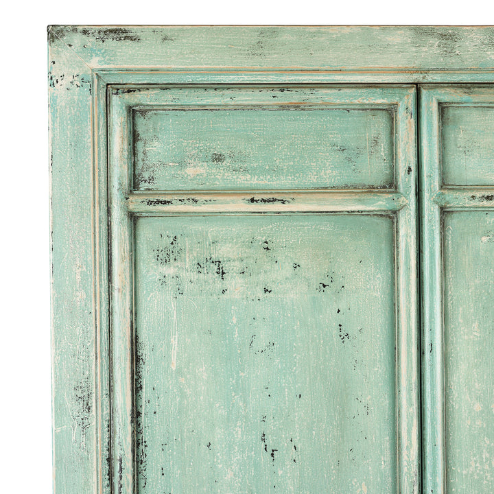 Corner Detail From Tall Green Cabinet Made From Old Painted Pine | Indigo Antiques