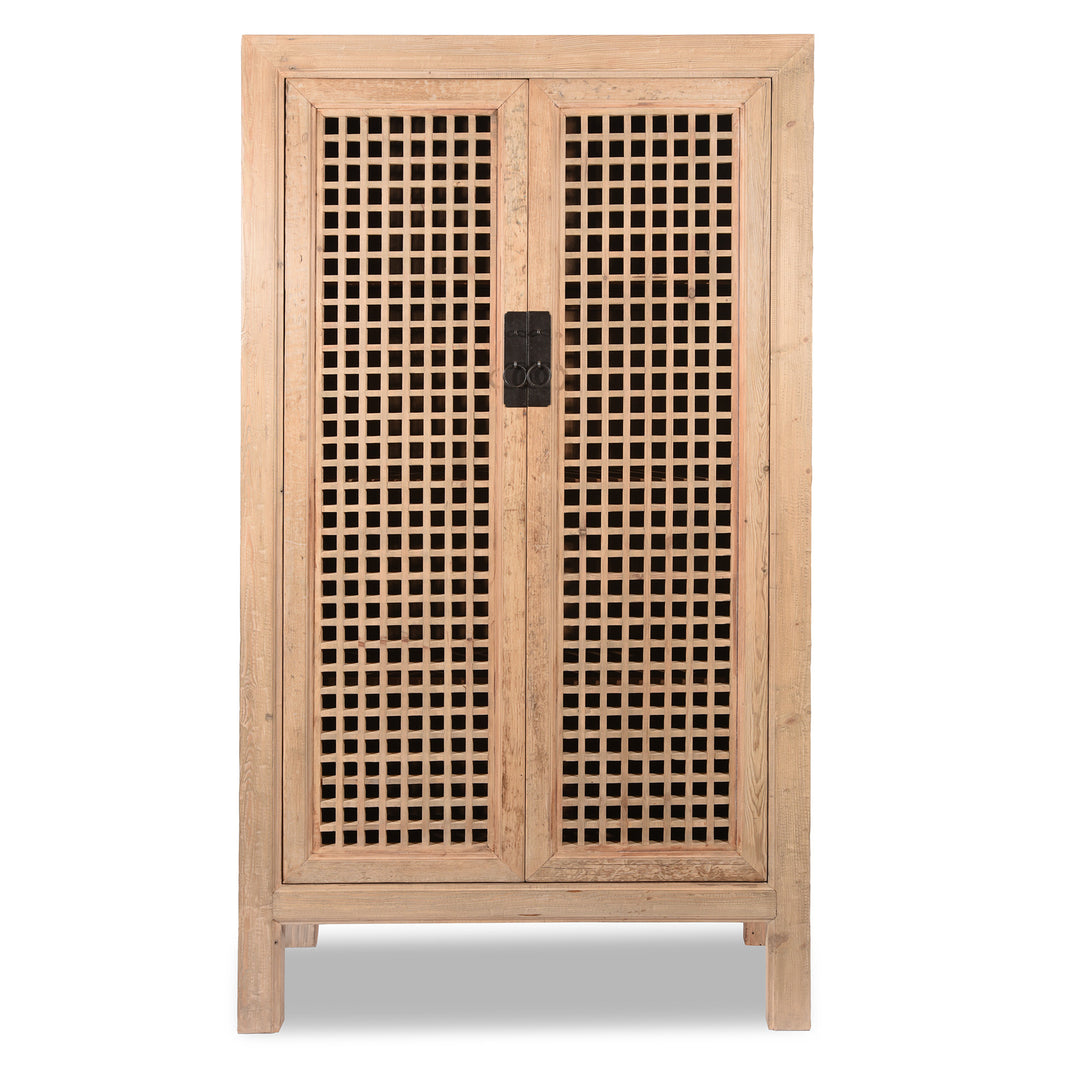Bleached Wood Lattice Noodle Cabinet Made From Reclaimed Wood | Indigo Antiques