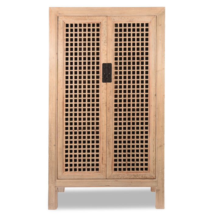 Bleached Wood Lattice Noodle Cabinet Made From Reclaimed Wood | Indigo Antiques