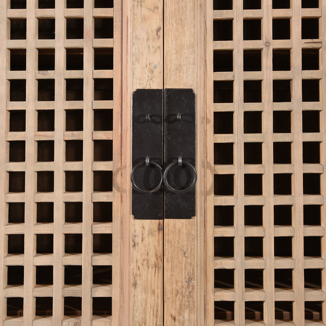 Iron lock plate detail from a Bleached Wood Lattice Noodle Cabinet Made From Reclaimed Wood | Indigo Antiques