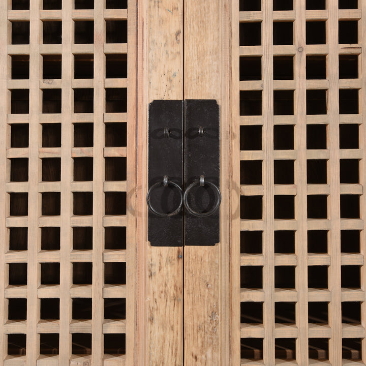 Iron lock plate detail from a Bleached Wood Lattice Noodle Cabinet Made From Reclaimed Wood | Indigo Antiques
