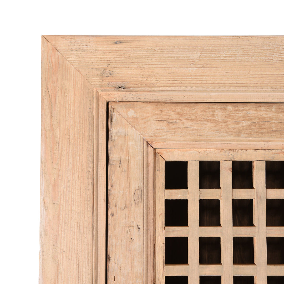 Corner detail from a Bleached Wood Lattice Noodle Cabinet Made From Reclaimed Wood | Indigo Antiques