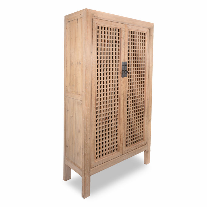 Side detail from a Bleached Wood Lattice Noodle Cabinet Made From Reclaimed Wood | Indigo Antiques
