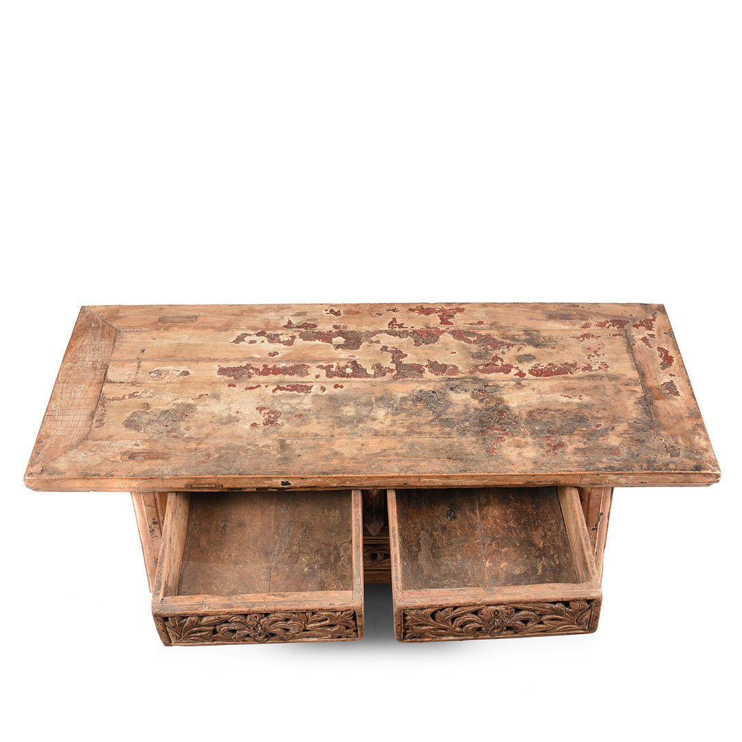 Open Drawers View Of Bleached Elm Kang Table From Shanxi  - 19th Century | Indigo Antiques