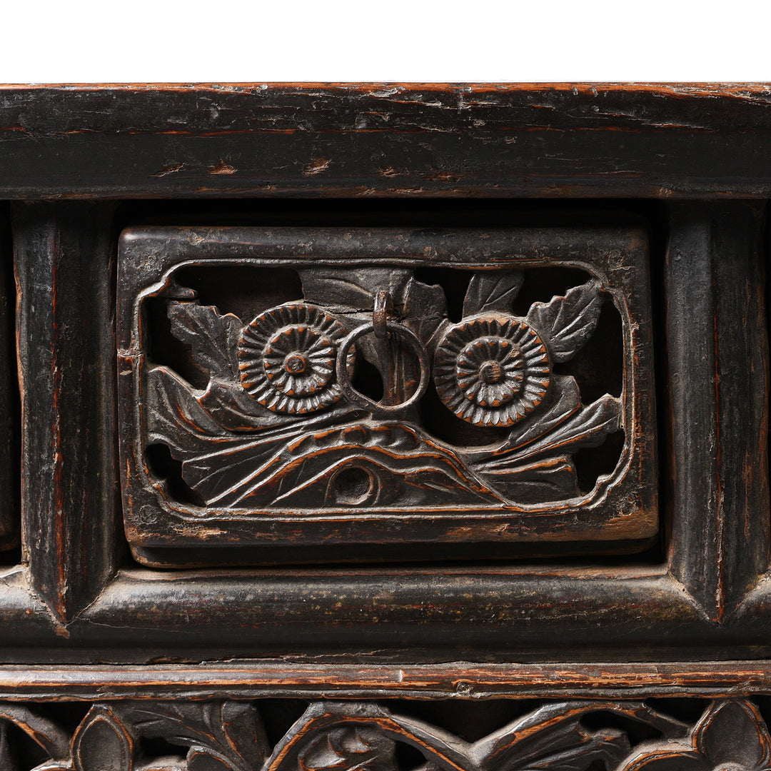 Carving Detail From Painted Antique Elm Kang Table From Shanxi  - Late 19thC | Indigo Antiques