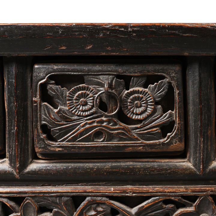 Carving Detail From Painted Antique Elm Kang Table From Shanxi  - Late 19thC | Indigo Antiques
