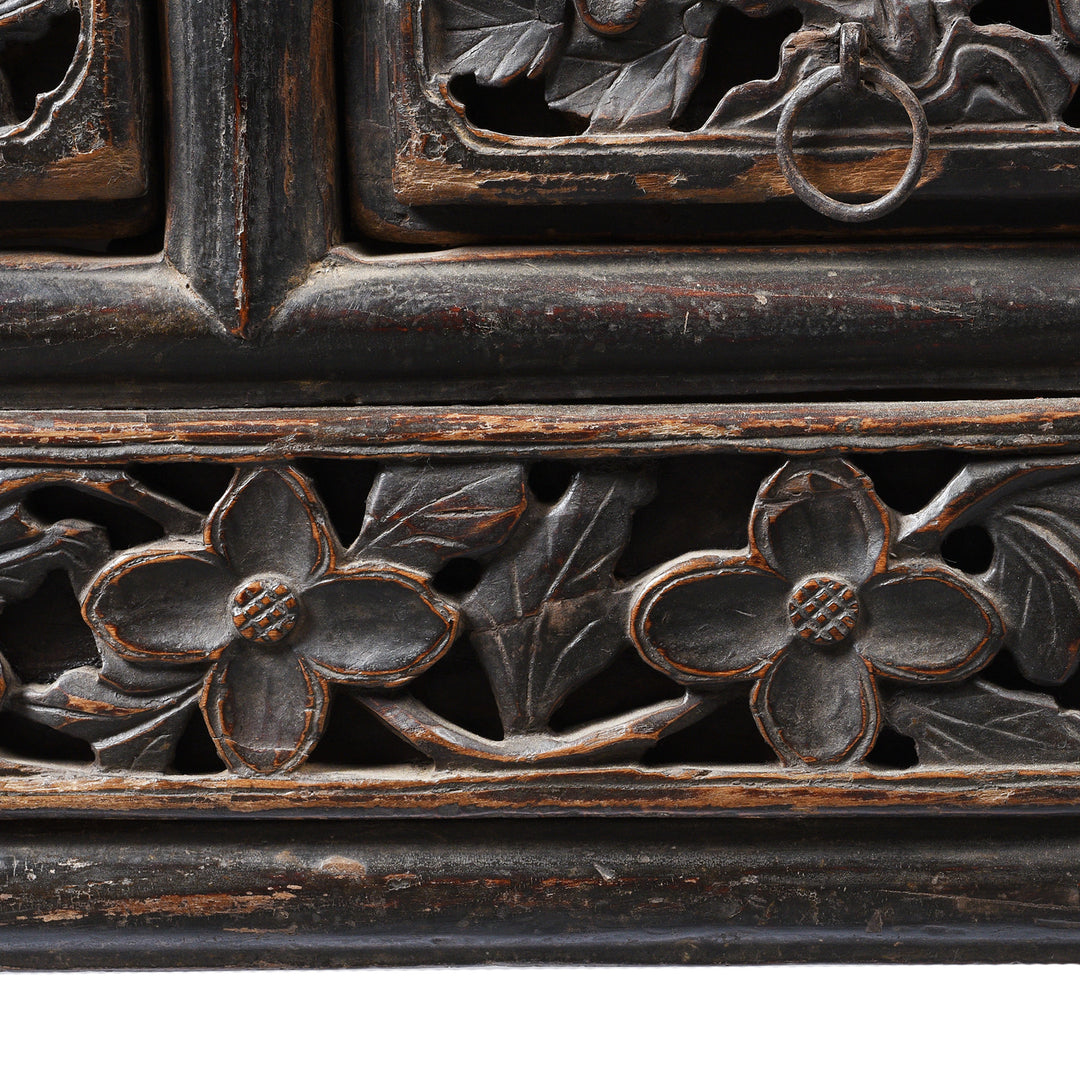 Flower Carving Detail From Painted Antique Elm Kang Table From Shanxi  - Late 19thC | Indigo Antiques