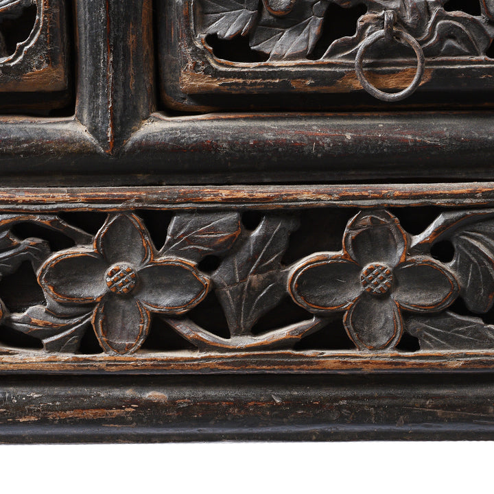 Flower Carving Detail From Painted Antique Elm Kang Table From Shanxi  - Late 19thC | Indigo Antiques