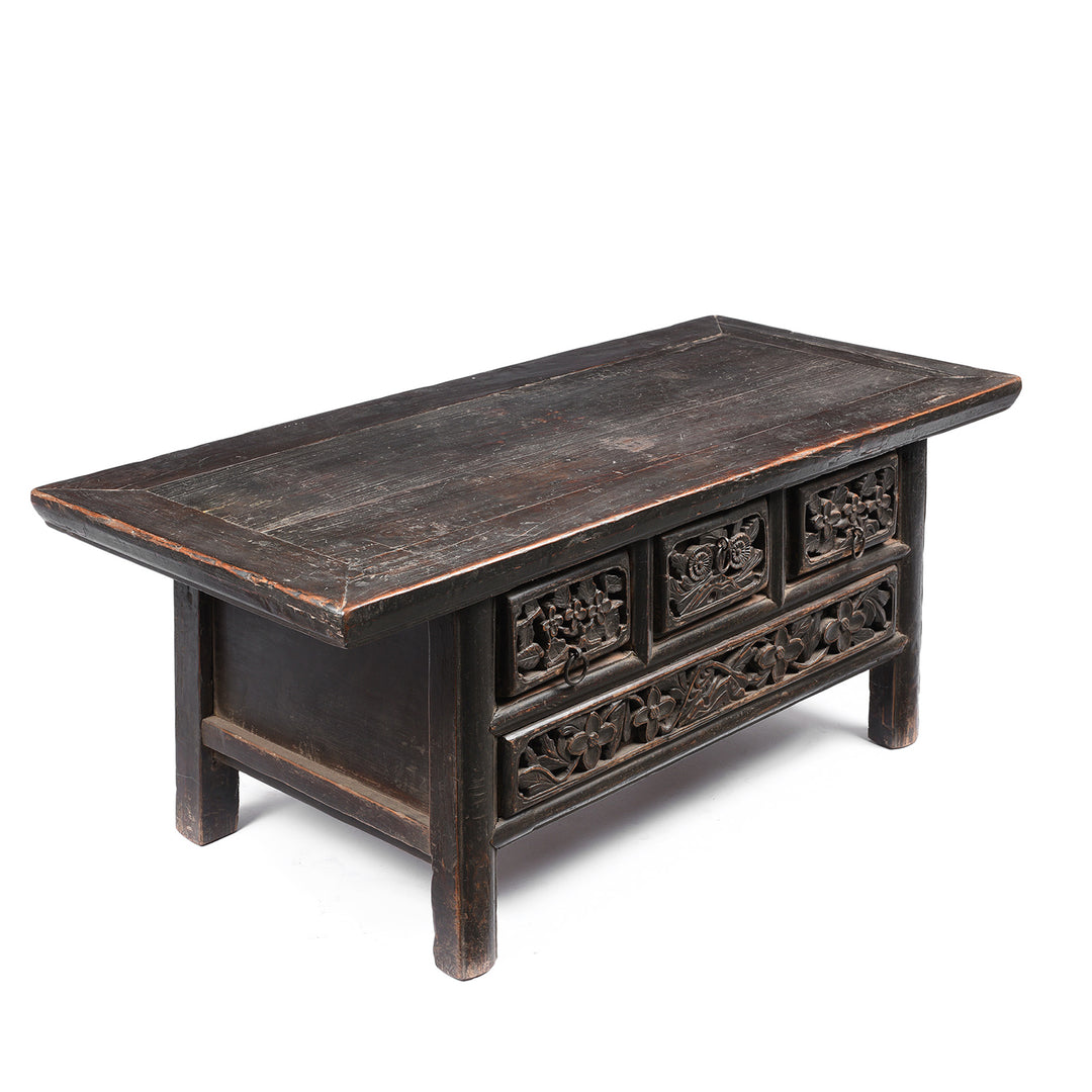 Angled View Of Painted Antique Elm Kang Table From Shanxi  - Late 19thC | Indigo Antiques