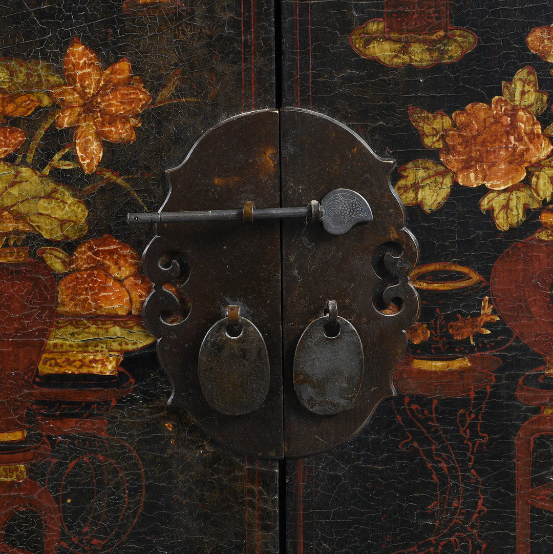 Original Brass Hardware detail from a Antique Chinese Shanxi Black Lacquer Painted Sideboard | Indigo Antiques