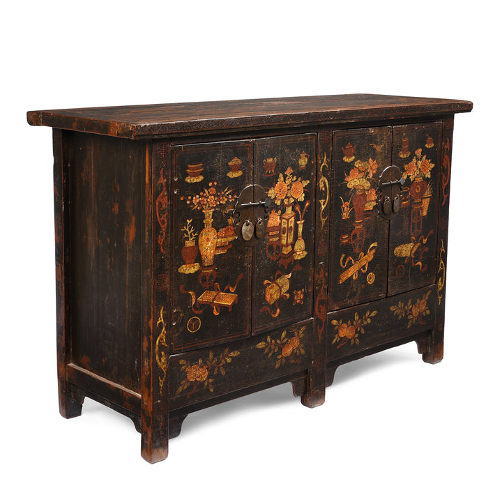Side detail from a Antique Chinese Shanxi Black Lacquer Painted Sideboard | Indigo Antiques