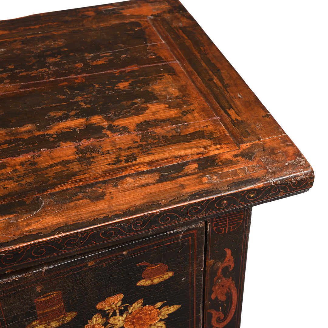 Top patina wear detail from an Antique Chinese Shanxi Black Lacquer Painted Sideboard | Indigo Antiques