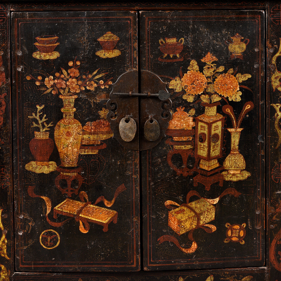 Detail of Wise Objects Antique Chinese Shanxi Black Lacquer Painted Sideboard | Indigo Antiques
