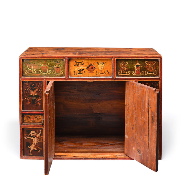 Open Doors View Of Painted Mongolian Cabinet - 18thC | Indigo Antiques