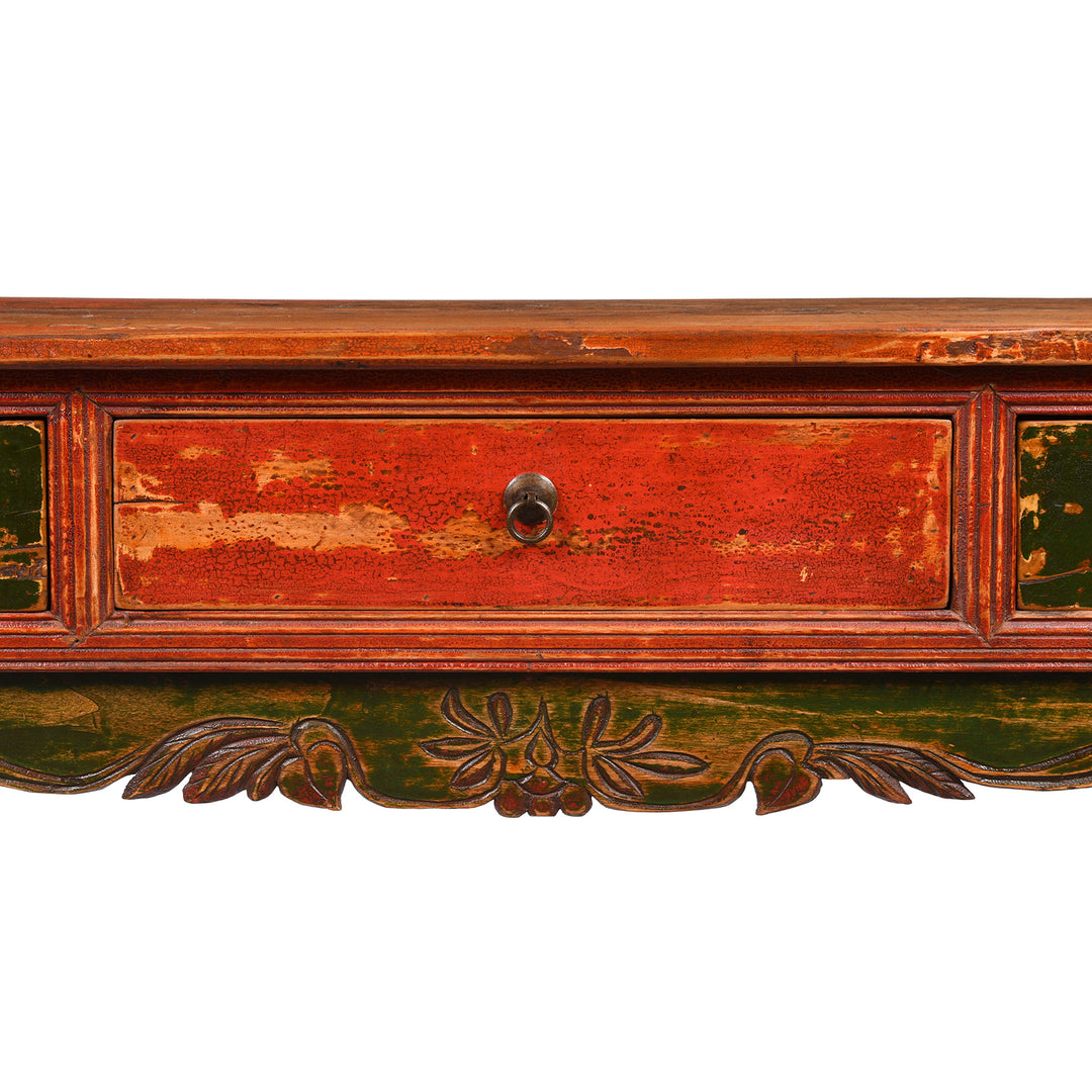 Worn lacquer on an antique Mongolian kang cabinet | Indigo Antiques