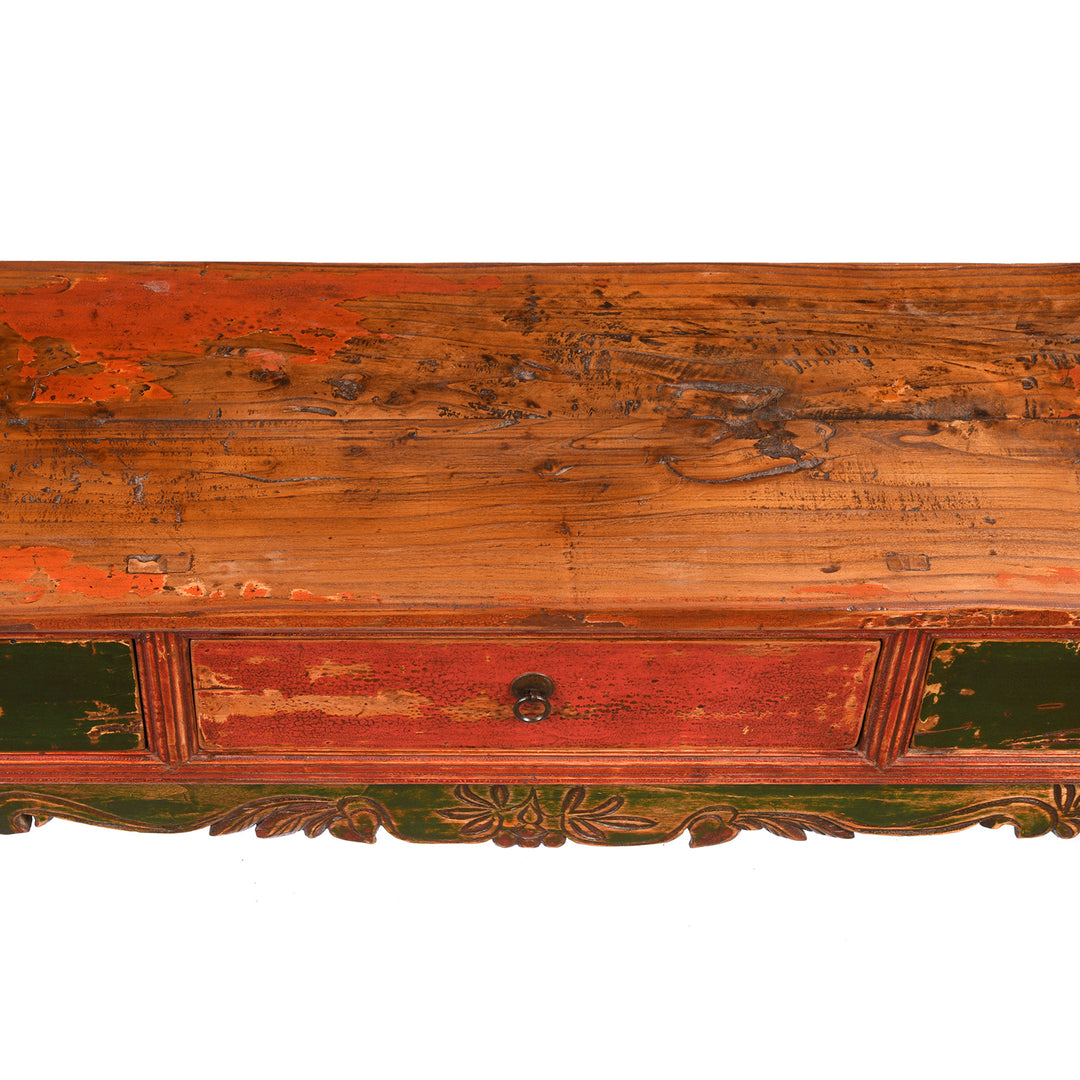 Top detail of a Painted Mongolian Kang Low Cabinet - Late 19thC | Indigo AntiquesDrawer Detail of a Mongolian Kang Low Cabinet - Late 19thC | Indigo Antiques