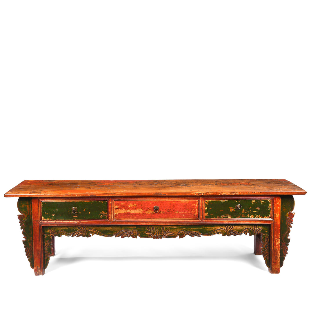 Worn lacquer on an antique Mongolian kang cabinet | Indigo Antiques