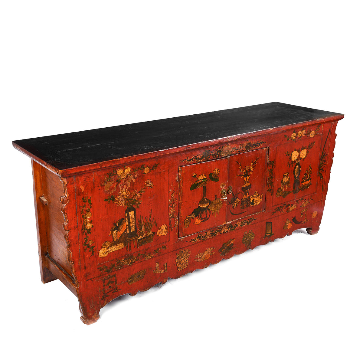 Angled View Of Antique Painted Sideboard From Qinghai- 19thC | Indigo Antiques