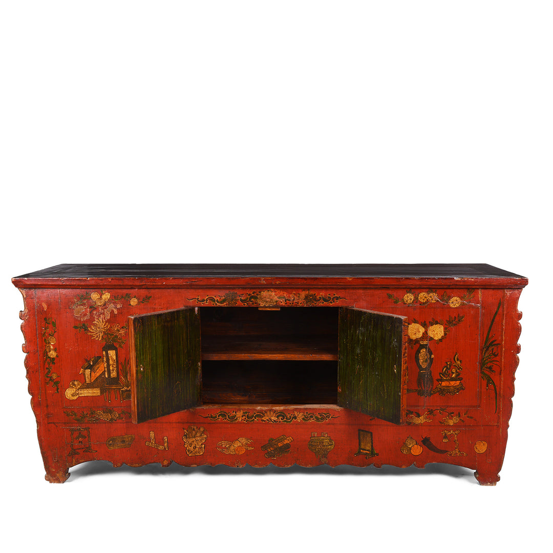 Open Doors Detail From Antique Painted Sideboard From Qinghai- 19thC | Indigo Antiques