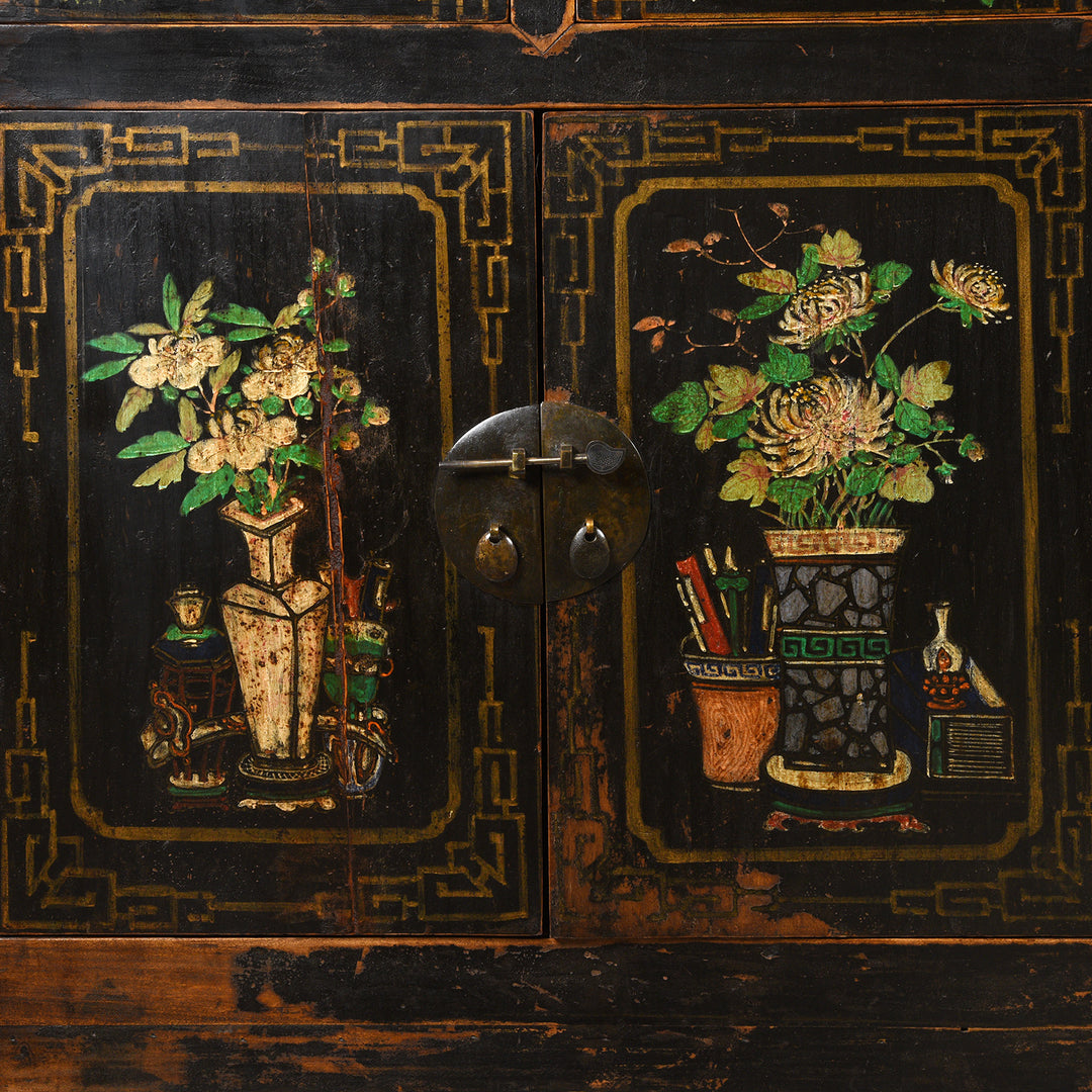 Painted Doors Detail From Black Painted Mongolian Sideboard - Early 20thC | Indigo Antiques