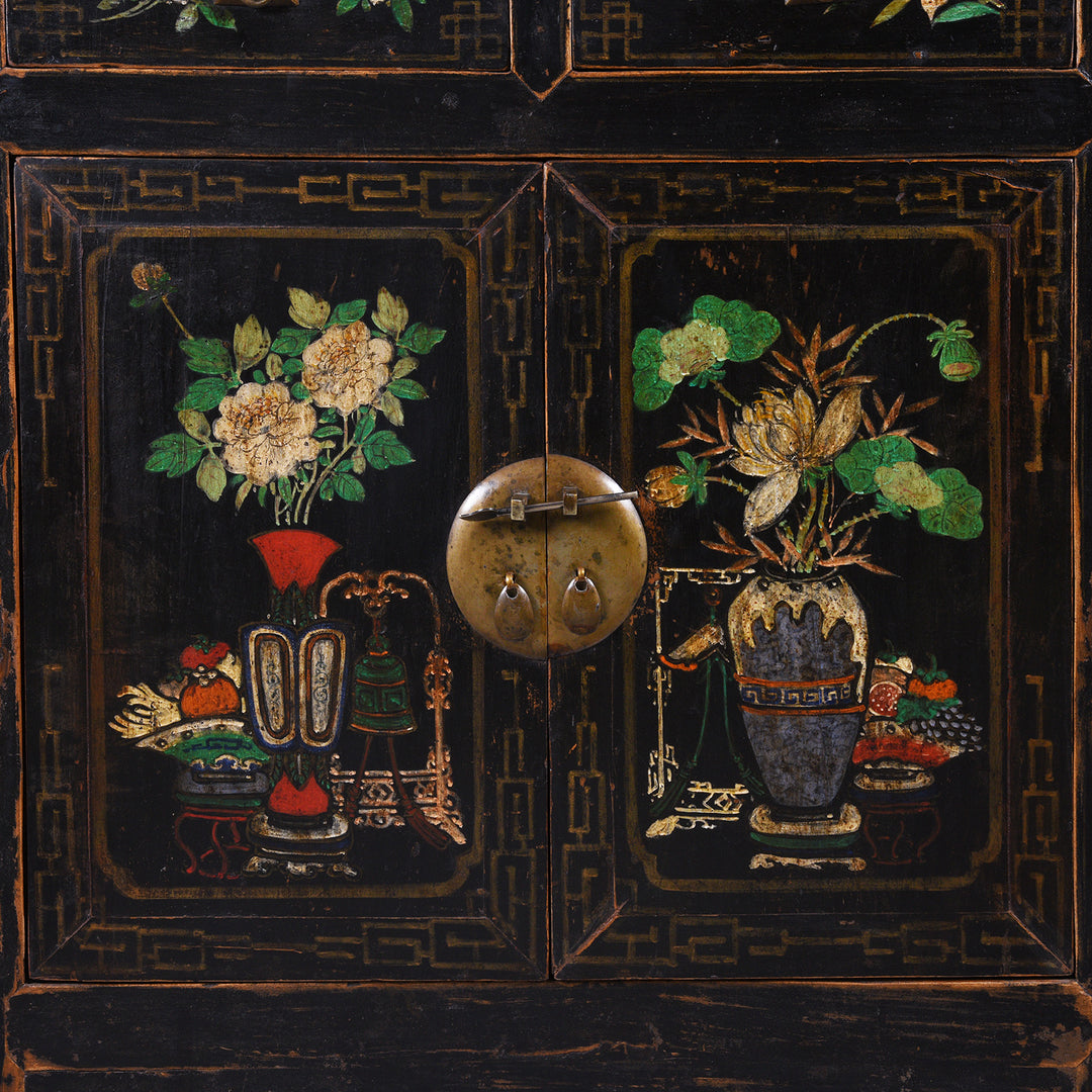 Painted Doors Detail From Black Painted Mongolian Sideboard - Early 20thC | Indigo Antiques