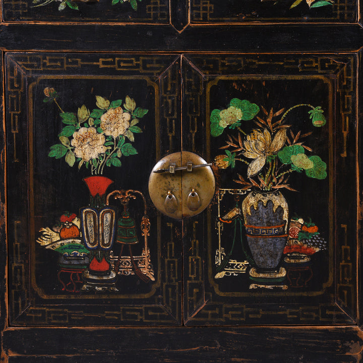 Painted Doors Detail From Black Painted Mongolian Sideboard - Early 20thC | Indigo Antiques