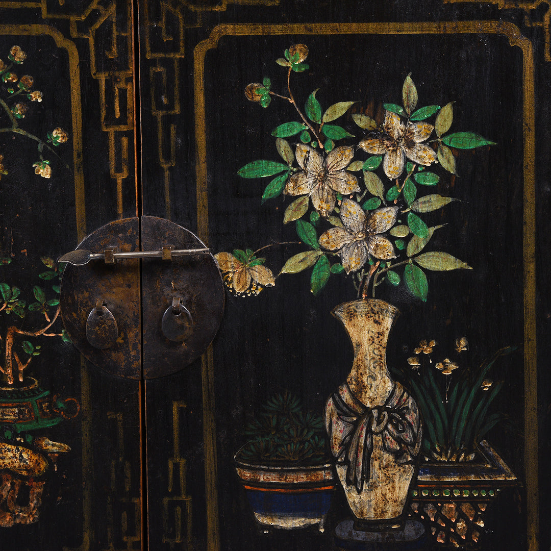 Painting Detail From Black Painted Mongolian Sideboard - Early 20thC | Indigo Antiques