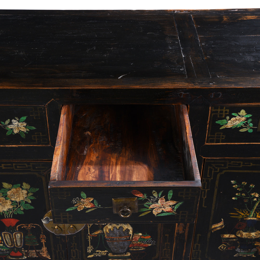 Open Drawer View From Black Painted Mongolian Sideboard - Early 20thC | Indigo Antiques