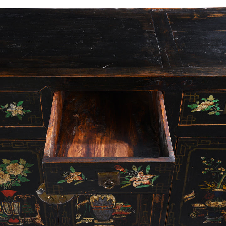 Open Drawer View From Black Painted Mongolian Sideboard - Early 20thC | Indigo Antiques