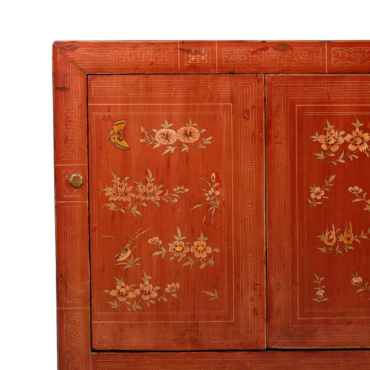 Corner Detail From Red Lacquer Sideboard From Dongbei - Ca 1920 | Indigo Antiques