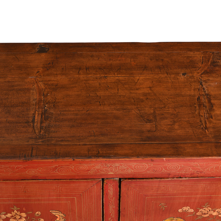 Surface View Of Red Lacquer Sideboard From Dongbei - Ca 1920 | Indigo Antiques