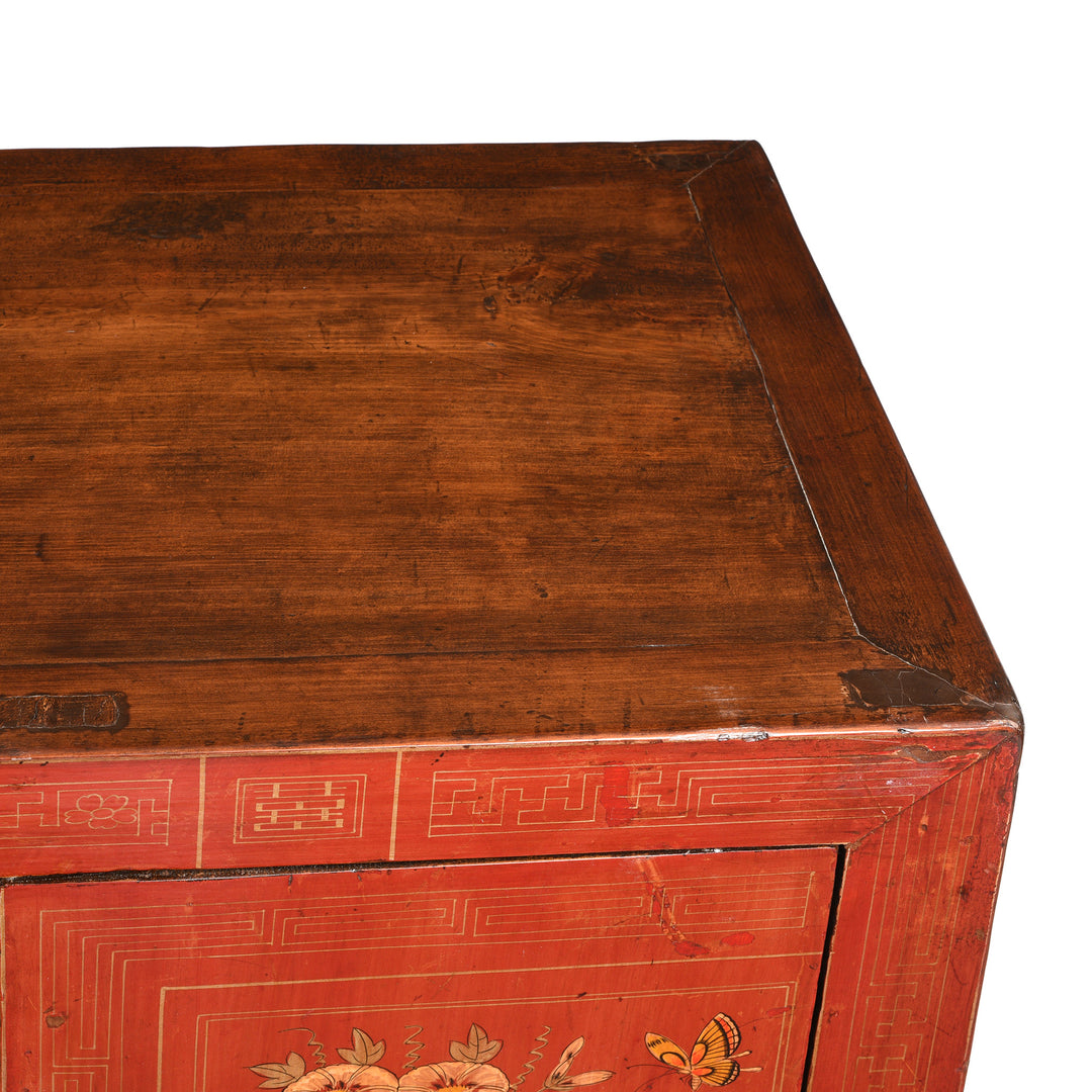 Surface Corner View Of Red Lacquer Sideboard From Dongbei - Ca 1920 | Indigo Antiques