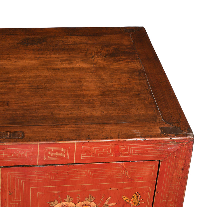 Surface Corner View Of Red Lacquer Sideboard From Dongbei - Ca 1920 | Indigo Antiques