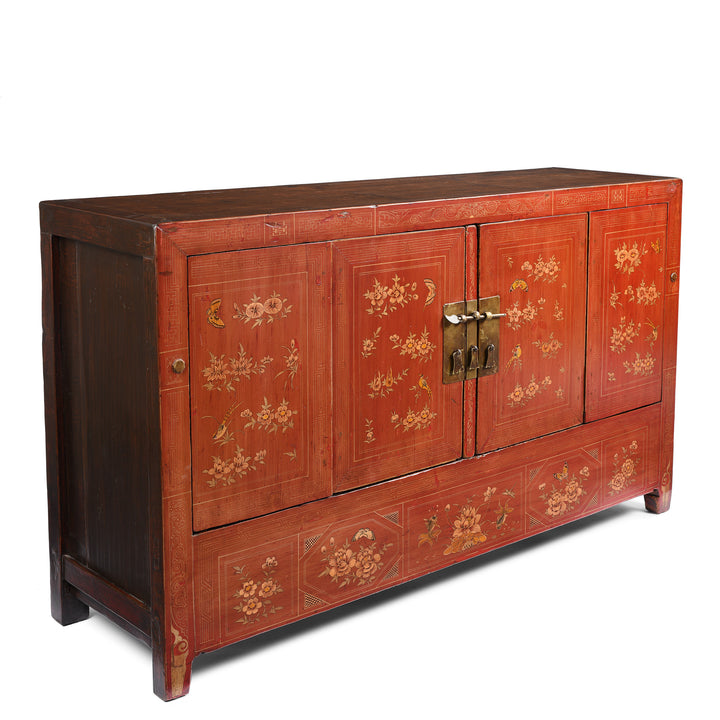 Angled View Of Red Lacquer Sideboard From Dongbei - Ca 1920 | Indigo Antiques