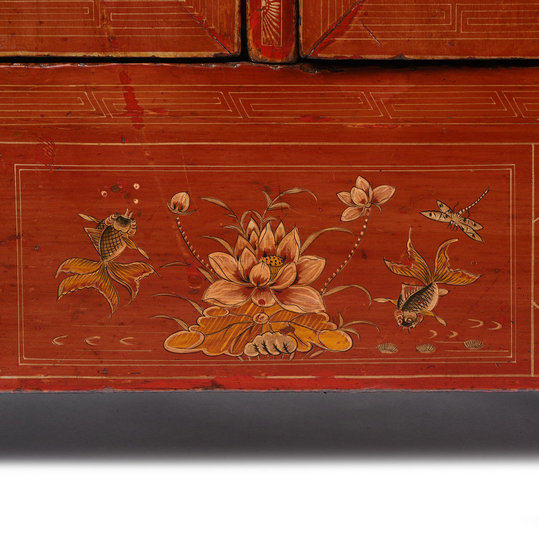 Fish Painting Detail From Red Lacquer Sideboard From Dongbei - Ca 1920 | Indigo Antiques