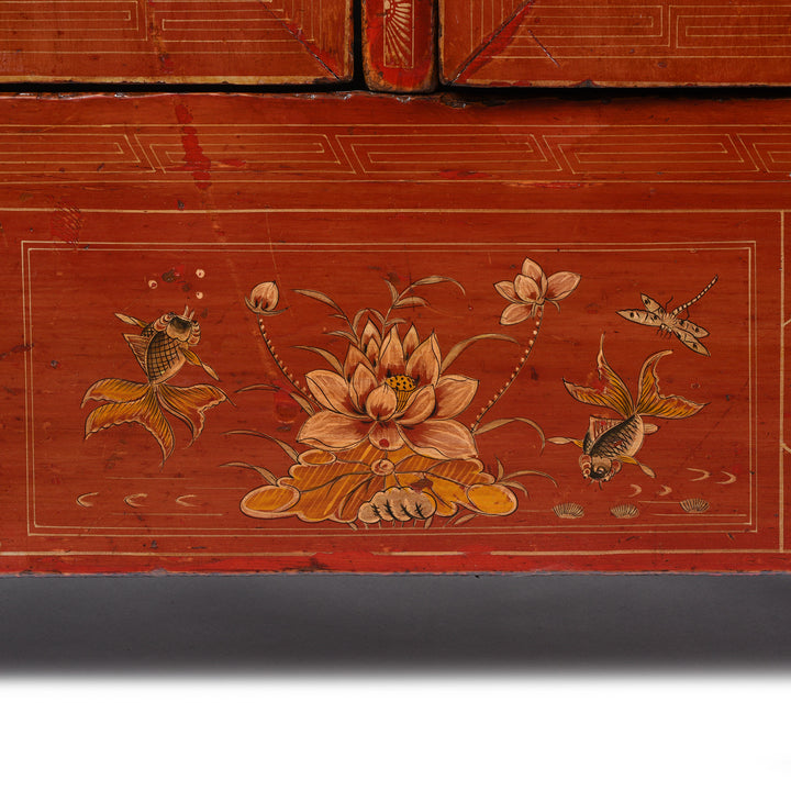 Fish Painting Detail From Red Lacquer Sideboard From Dongbei - Ca 1920 | Indigo Antiques