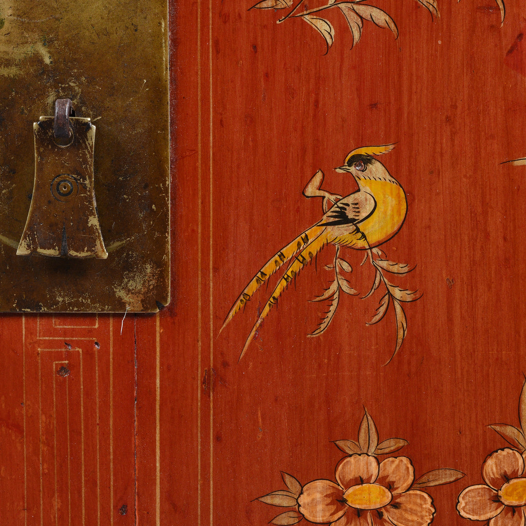 Bird Painting Detail From Red Lacquer Sideboard From Dongbei - Ca 1920 | Indigo Antiques