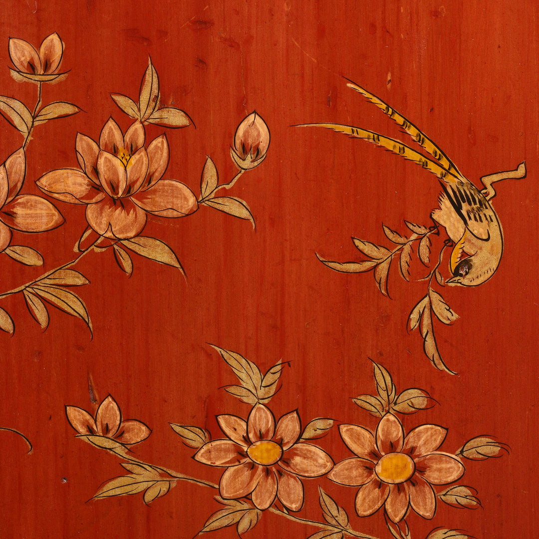 Bird And Flower Painting Detail From Red Lacquer Sideboard From Dongbei - Ca 1920 | Indigo Antiques