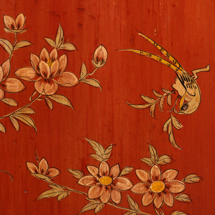 Bird And Flower Painting Detail From Red Lacquer Sideboard From Dongbei - Ca 1920 | Indigo Antiques