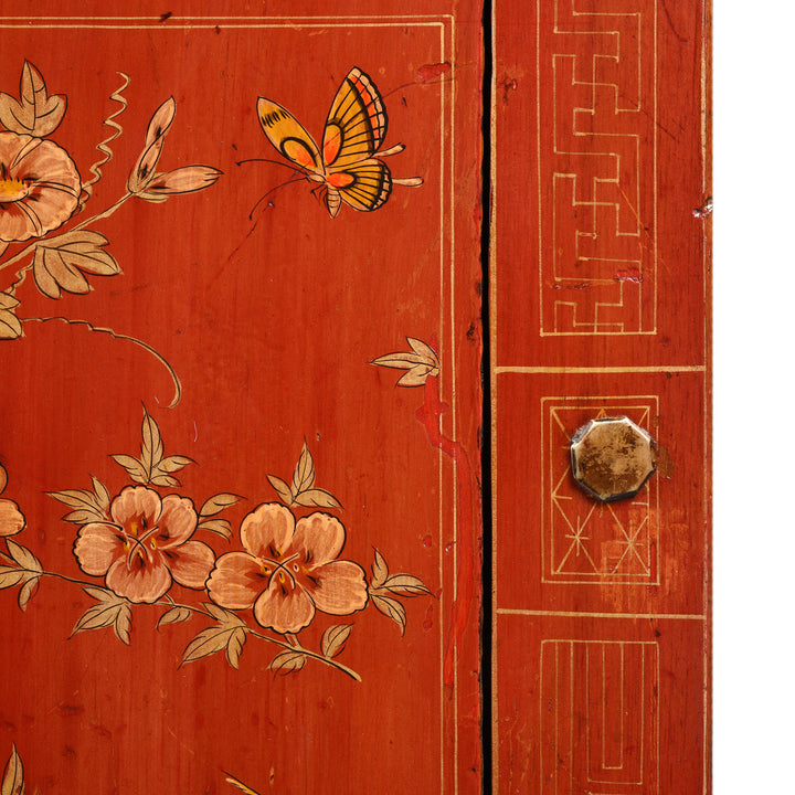 Metal Stud And Butterfly Detail From Red Lacquer Sideboard From Dongbei - Ca 1920 | Indigo Antiques