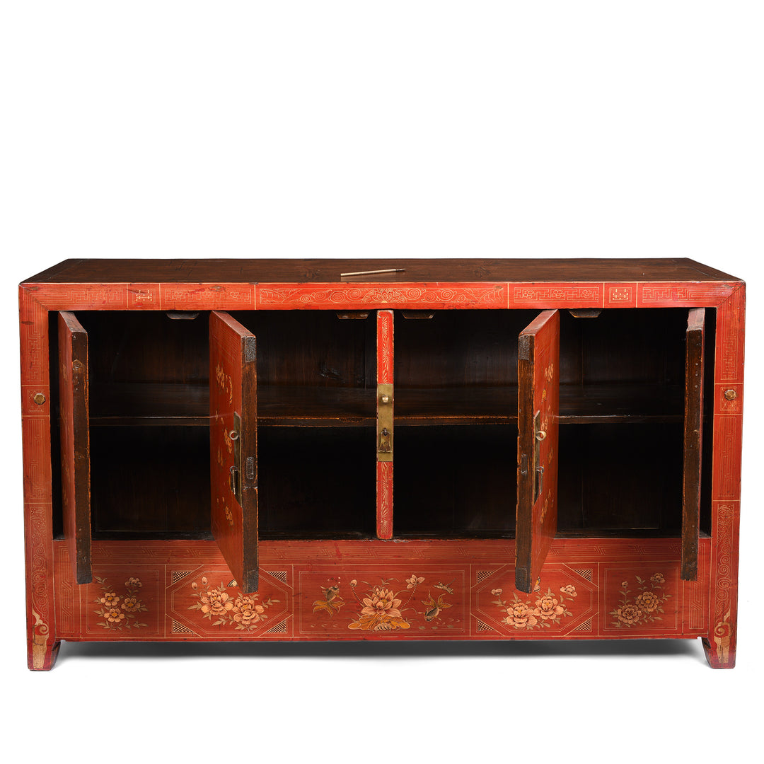 Open Doors View Of Red Lacquer Sideboard From Dongbei - Ca 1920 | Indigo Antiques