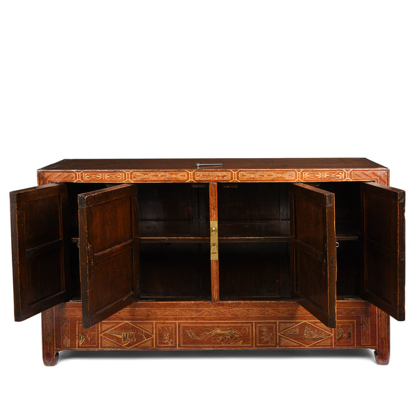 Red Lacquer Chinese Sideboard From Dongbei - Ca 1920