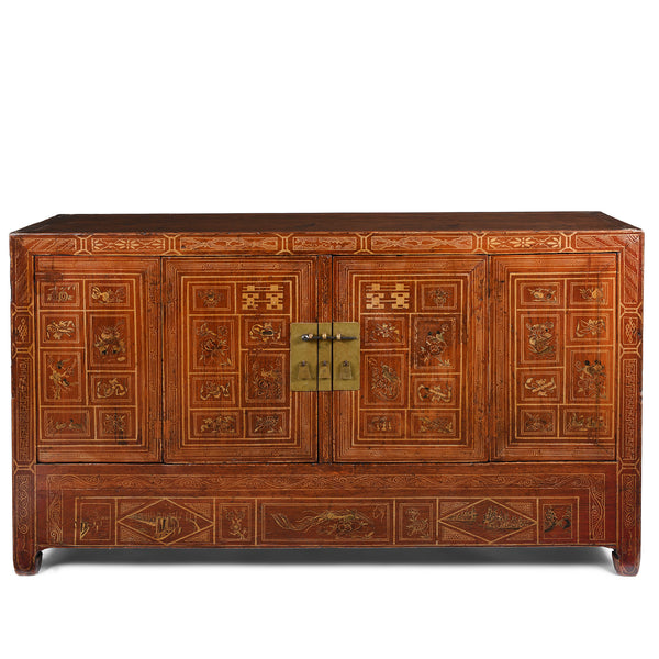 Red Lacquer Chinese Sideboard From Dongbei - Ca 1920