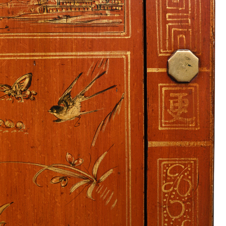 Paintwork Detail From Antique Red Lacquer Chinese Sideboard From Dongbei - Ca 1920 | INDIGO ANTIQUES