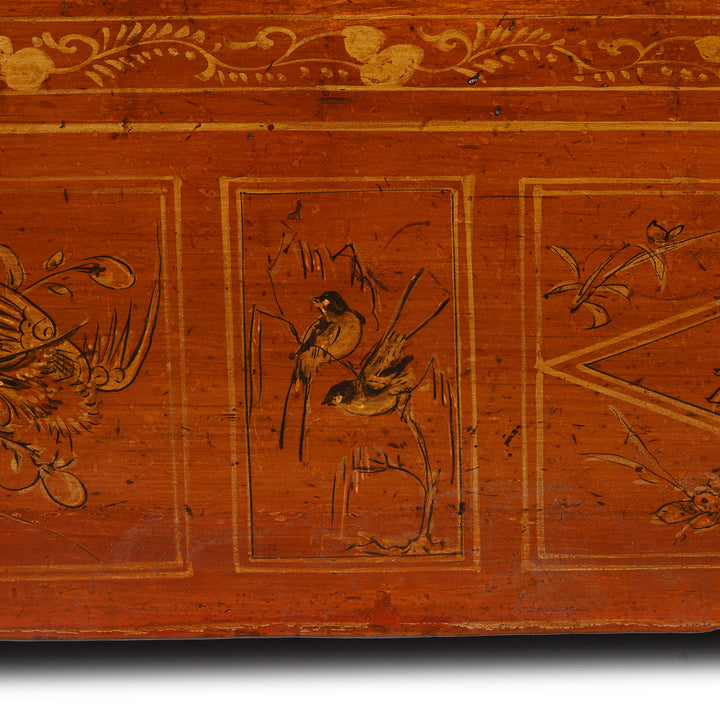 Birds Detail From Antique Red Lacquer Chinese Sideboard From Dongbei - Ca 1920 | INDIGO ANTIQUES