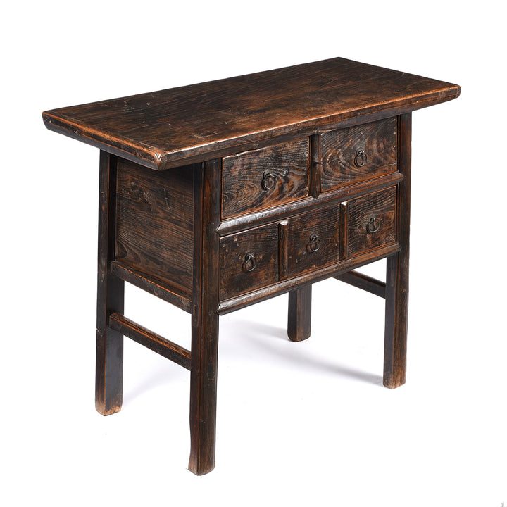 Angled View Of 3 Drawer Elm Wine Table From Shanxi - 19thC | Indigo Antiques